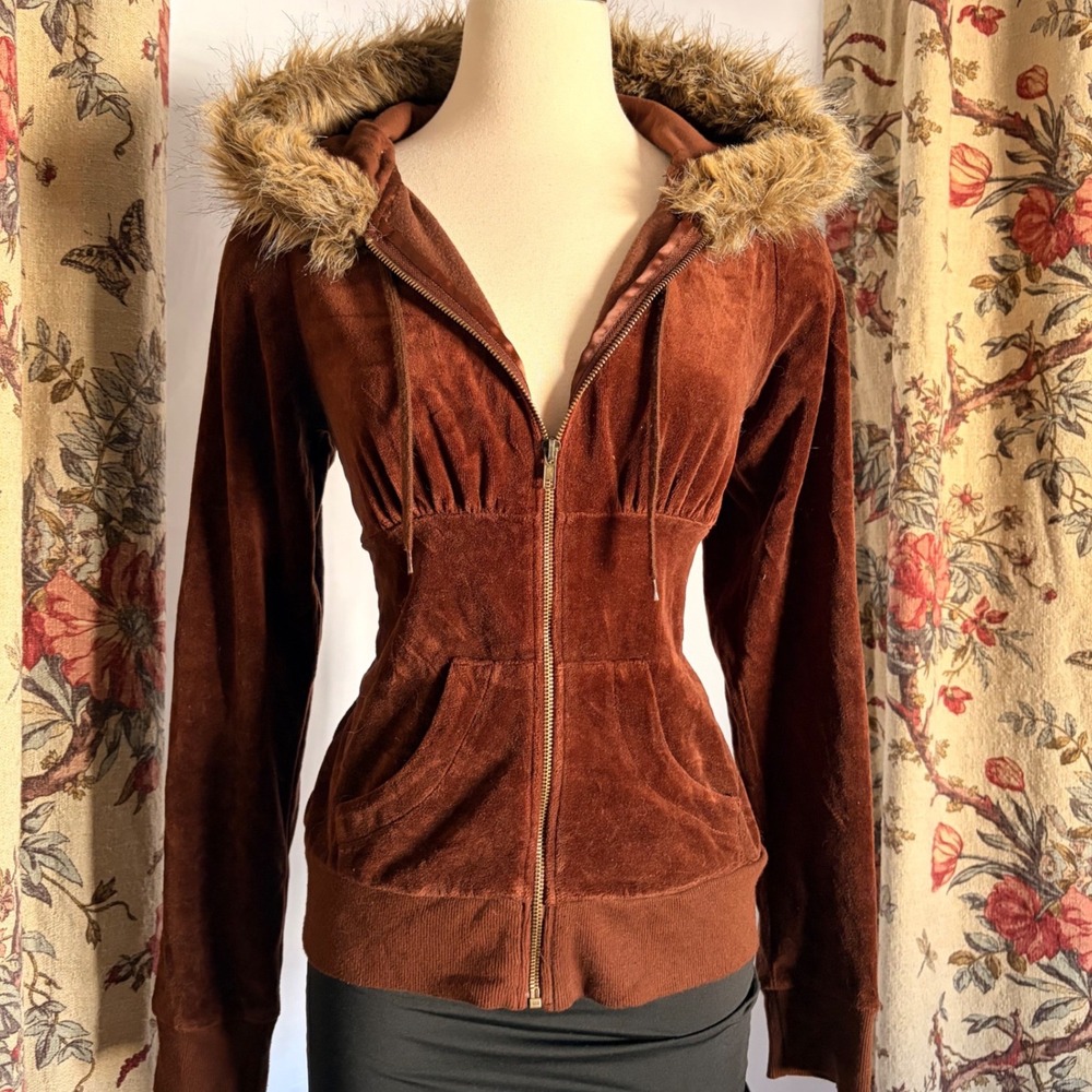 Self Esteem Gorgeous Y2k Brown Velour Hooded Zip Up Jacket with faux fur detail